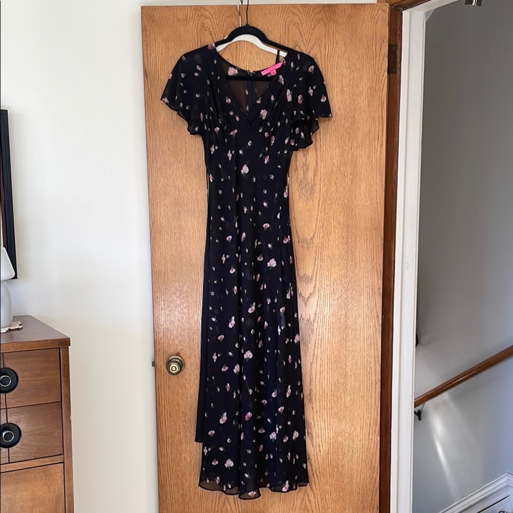 Betsey Johnson Black and White Flutter Sleeve Maxi Dress